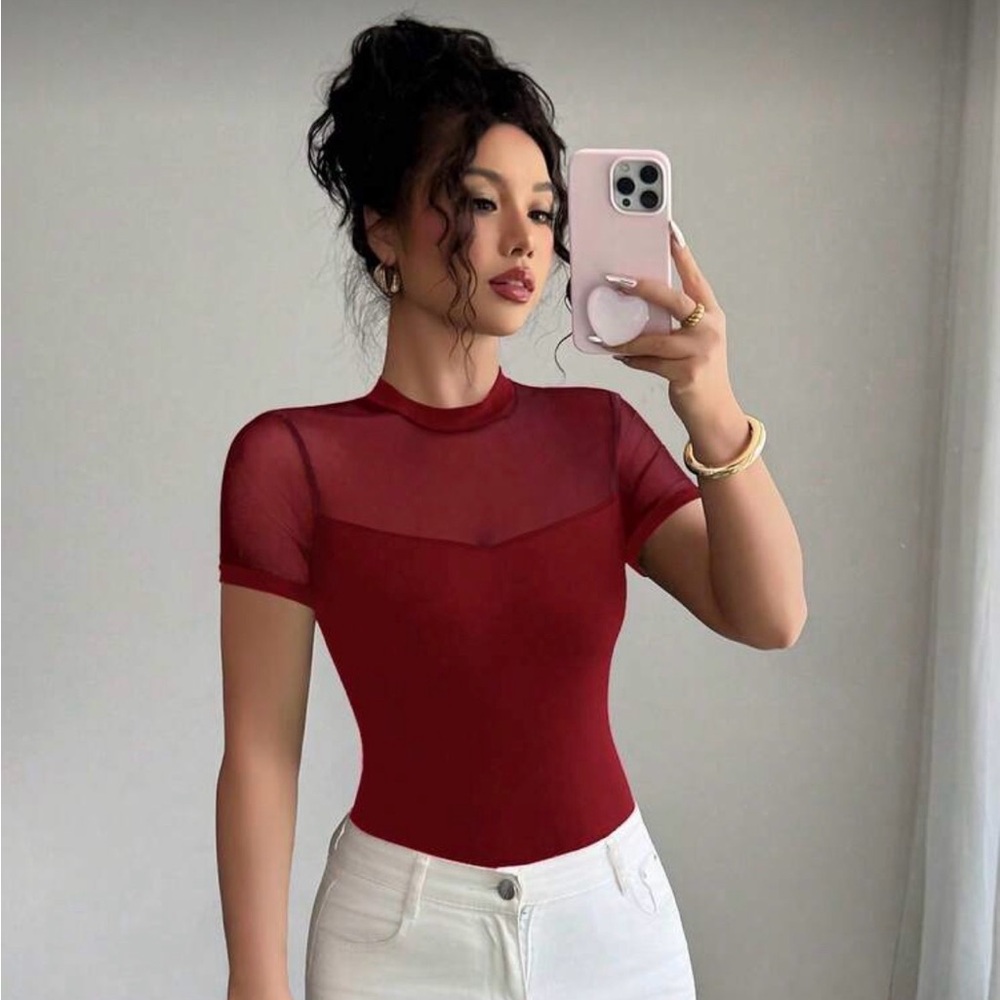 SHEIN Burgundy Sheer top NWOT